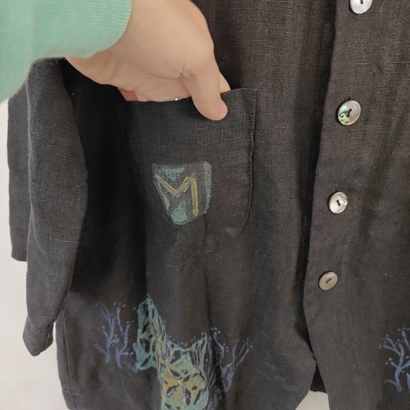 VTG Blue Fish RARE 100% Linen Hand Printed Coral Button Up Black Shirt Size 1 - Picture 4 of 15